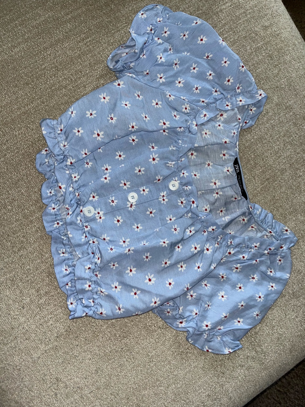 Zara Light Blue Daisy-Print Ruffle Waist Shorts